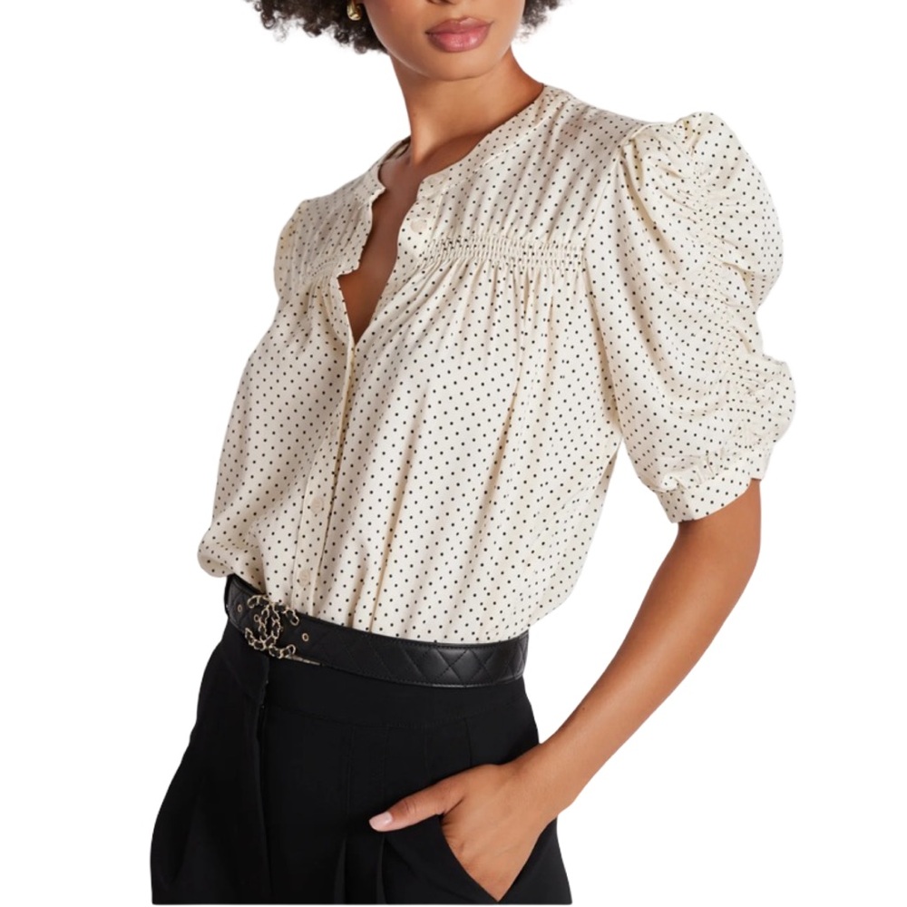 Bishop + Young Rachel Ruched Sleeve Polka Dot Blouse NWT Size M